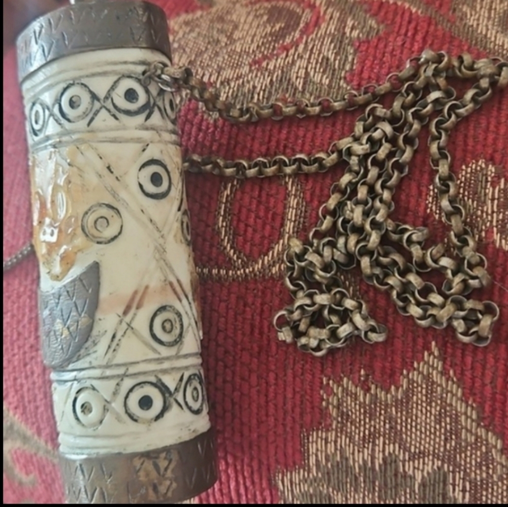 Yak Bone Perfume Holder Tibetian Intricate Design And Metals Old Vintage Antique